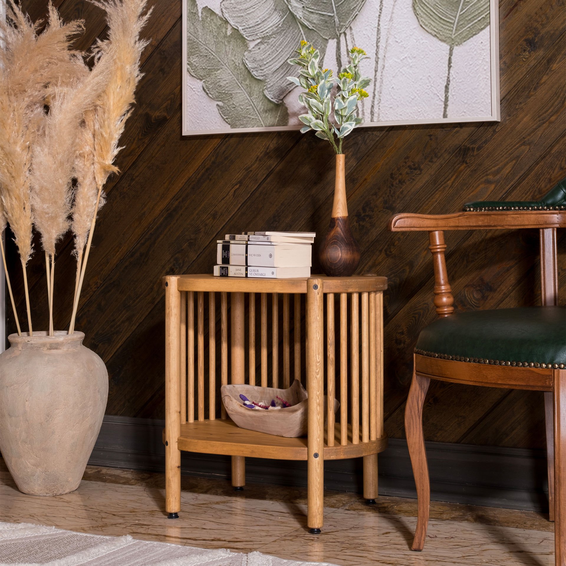 Lathe Doğal Ahşap Yan Sehpa 57×57×39 cm | Oval Çıtalı Modern