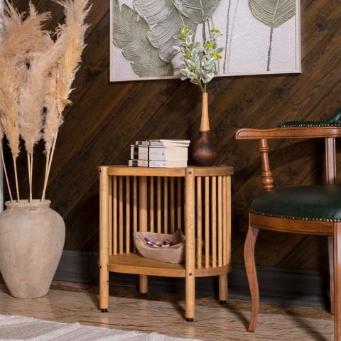Lathe Doğal Ahşap Yan Sehpa 57×57×39 cm | Oval Çıtalı Modern