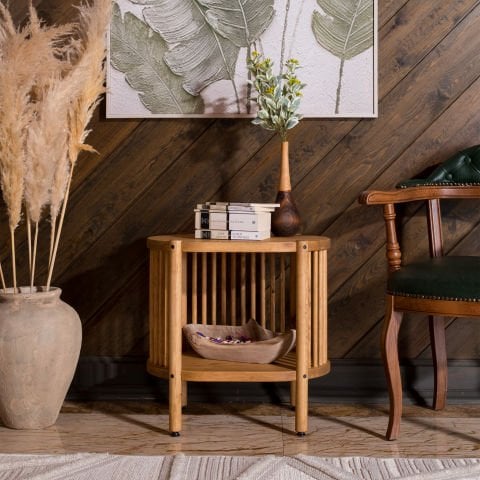 Lathe Doğal Ahşap Yan Sehpa 57×57×39 cm | Oval Çıtalı Modern
