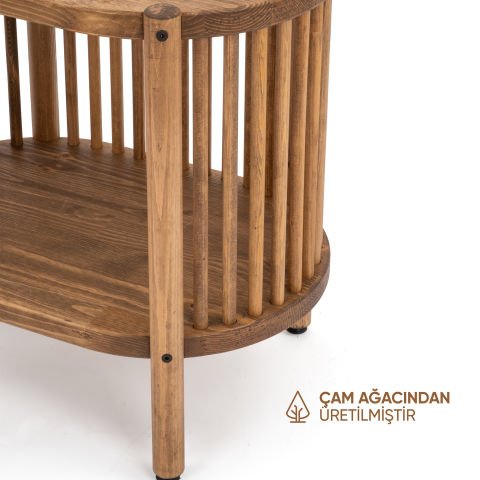 Lathe Doğal Ahşap Yan Sehpa 57×57×39 cm | Oval Çıtalı Modern Koyu Ceviz - 57x57x39
