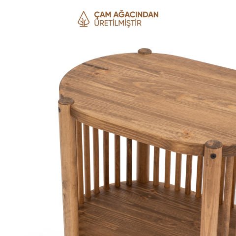 Lathe Doğal Ahşap Yan Sehpa 57×57×39 cm | Oval Çıtalı Modern Koyu Ceviz - 57x57x39