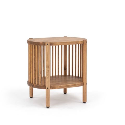 Lathe Doğal Ahşap Yan Sehpa 57×57×39 cm | Oval Çıtalı Modern Koyu Ceviz - 57x57x39