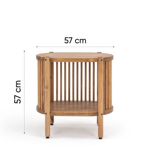 Lathe Doğal Ahşap Yan Sehpa 57×57×39 cm | Oval Çıtalı Modern Koyu Ceviz - 57x57x39