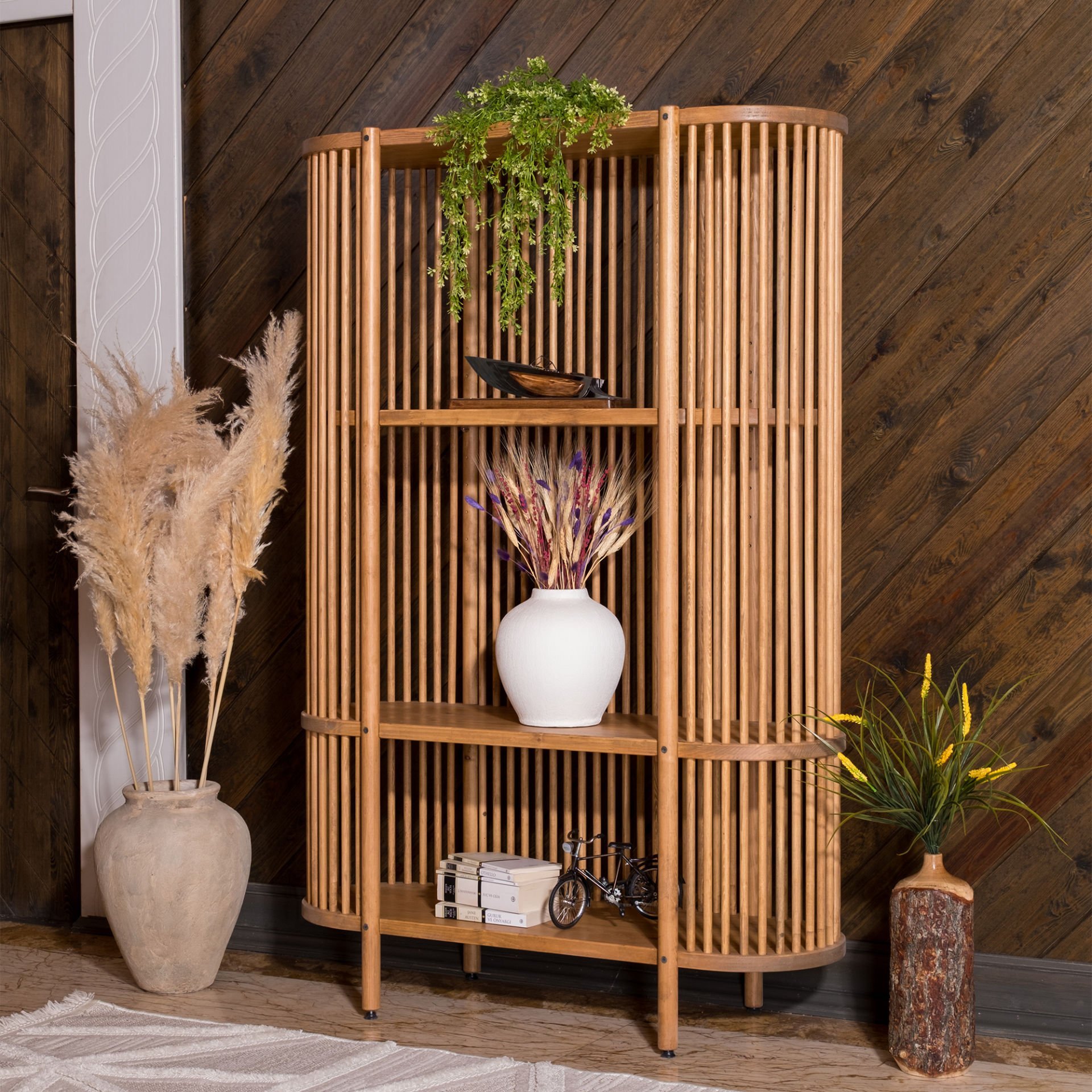 Lathe Açık Raflı Doğal Ahşap Vitrin 172x113x43 cm | Masif Çam