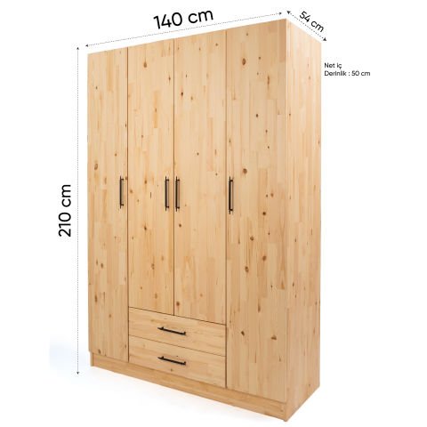 Solid 4 Kapaklı Doğal Ahşap Gardırop Doğal Ahşap - Yükseklik: 210cm - Budaklı
