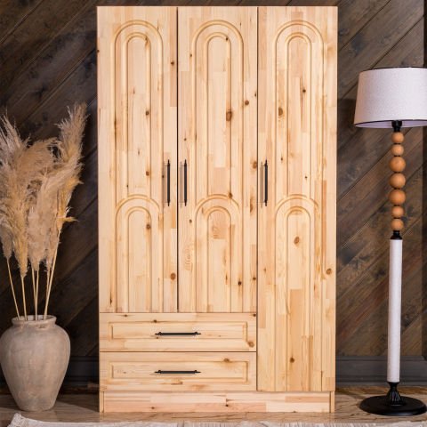 Bohem 3 Kapaklı Oval Çizgili Doğal Ahşap Gardırop Doğal Ahşap - Yükseklik: 180cm - Budaklı