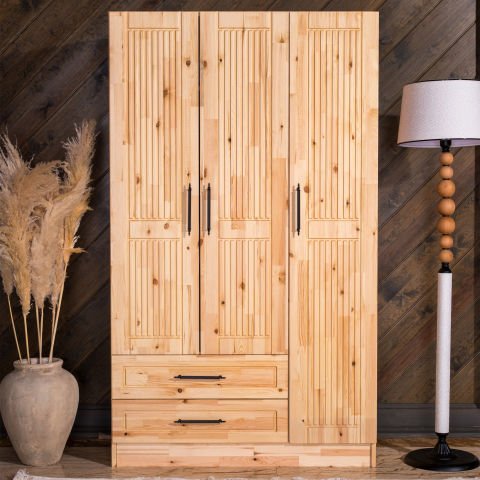 Classy 3 Kapaklı Dikey Çizgili Doğal Ahşap Gardırop Doğal Ahşap - Yükseklik: 180cm - Budaklı