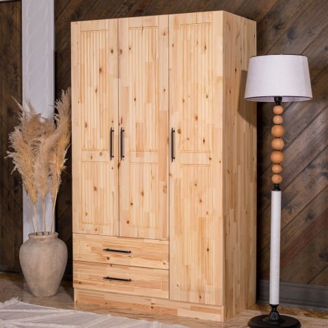 Classy 3 Kapaklı Dikey Çizgili Doğal Ahşap Gardırop Doğal Ahşap - Yükseklik: 210cm - Budaklı