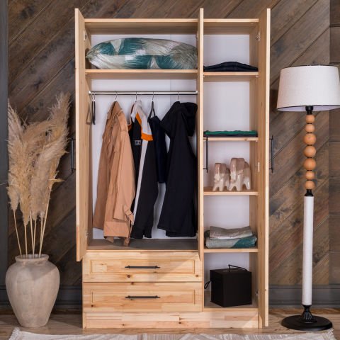 Classy 3 Kapaklı Dikey Çizgili Doğal Ahşap Gardırop Doğal Ahşap - Yükseklik: 210cm - Budaklı