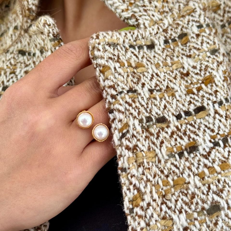 TWIN PEARL GOLD PLATED SILVER RING