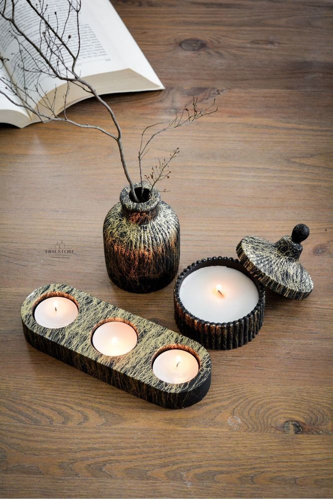 Siyak Varak Mermer Efekti Doğal Soya Tealight Vazo Hediyelik Dekoratif Mum Seti