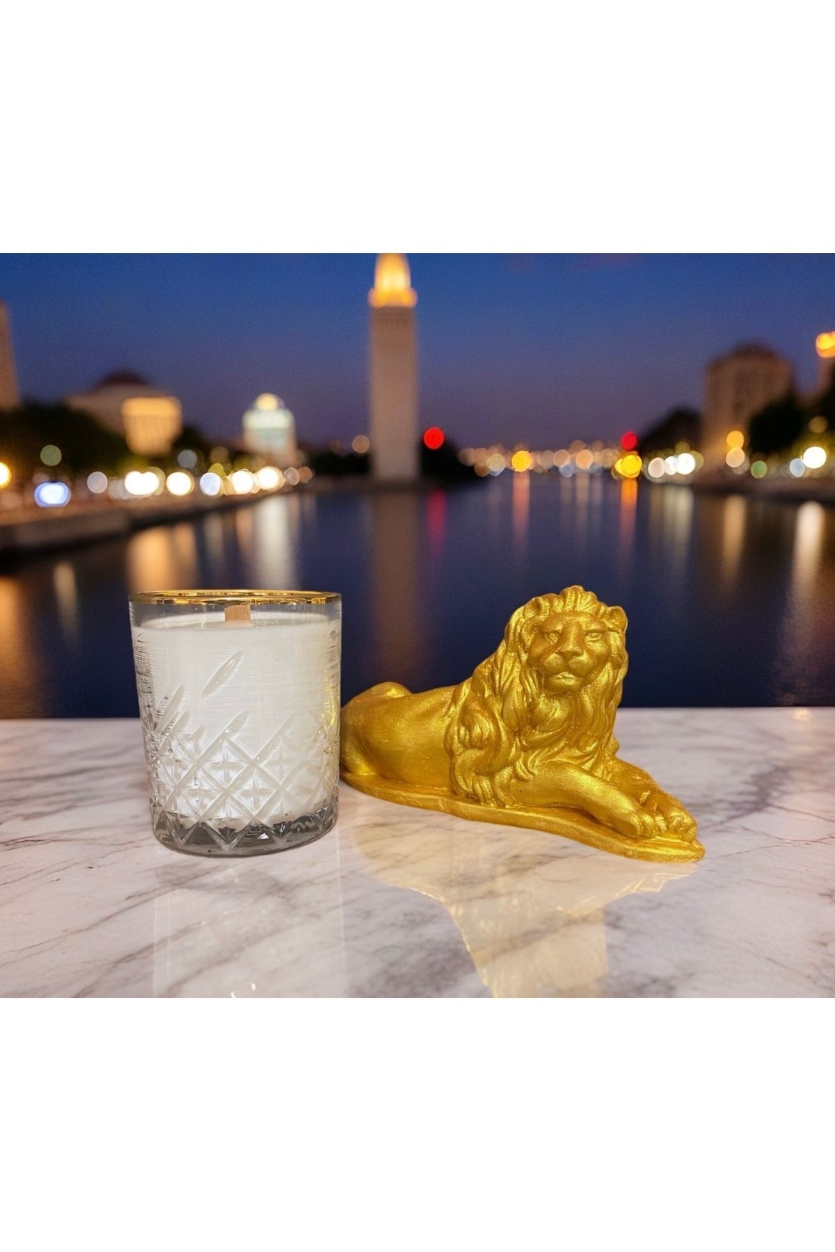 Büyük Boy Gold Eliysia Soya Wax Cam Bardak Mum Aslan Dekoratif Obje Takımı Hediyelik