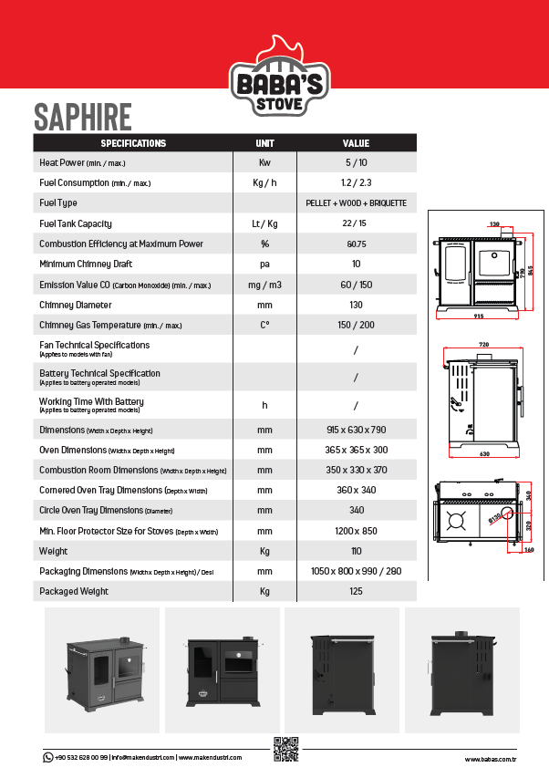 SAPHIRE 10 KW KUZİNE/ MANUEL PELET VE ODUN SOBASI / BABA'S STOVE