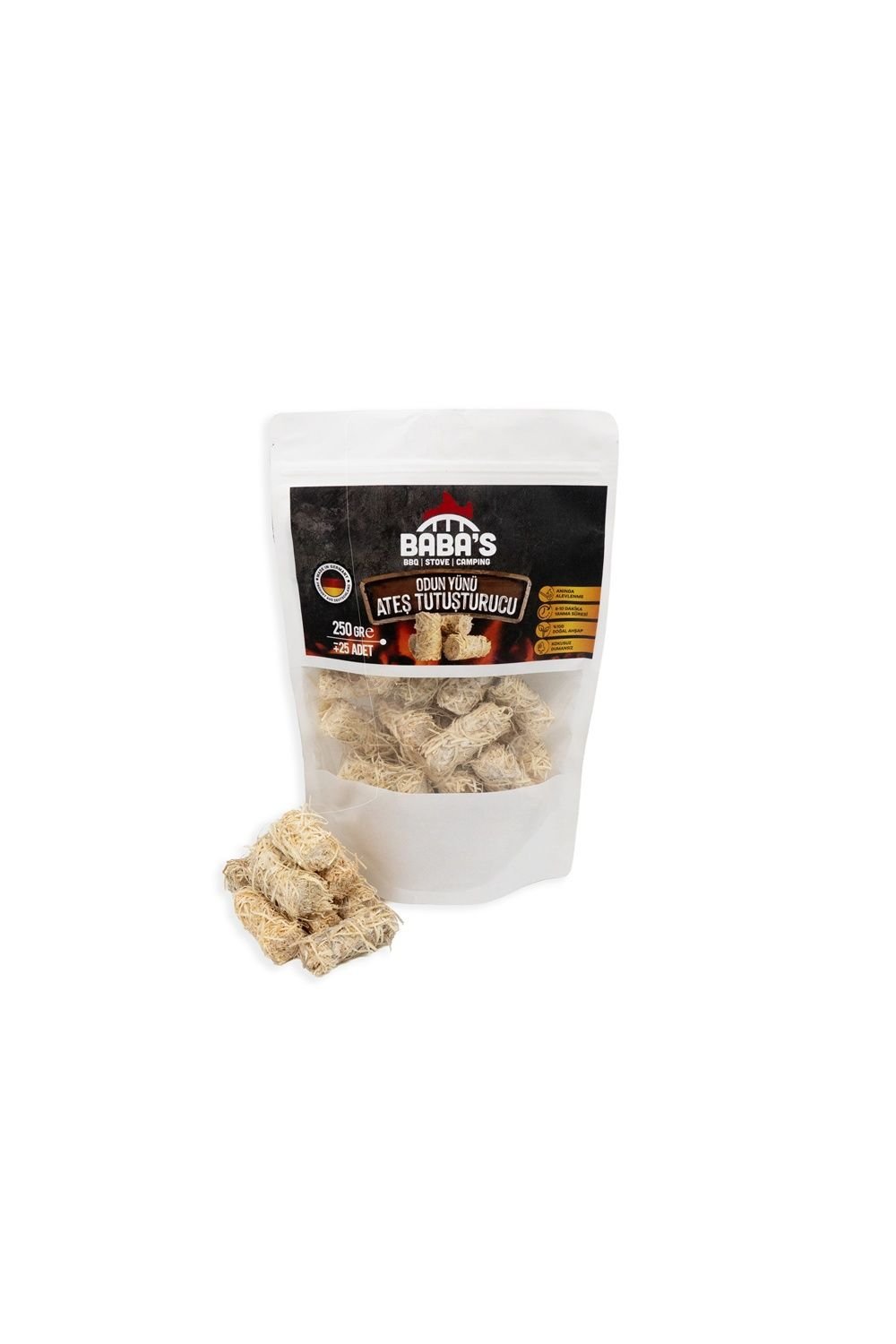 ODUN YÜNÜ TUTUŞTURUCU / BBQ, MANGAL, SOBA, ŞÖMİNE TUTUŞTURUCU / ≈25 AD - 250 GR / BABA'S BBQ