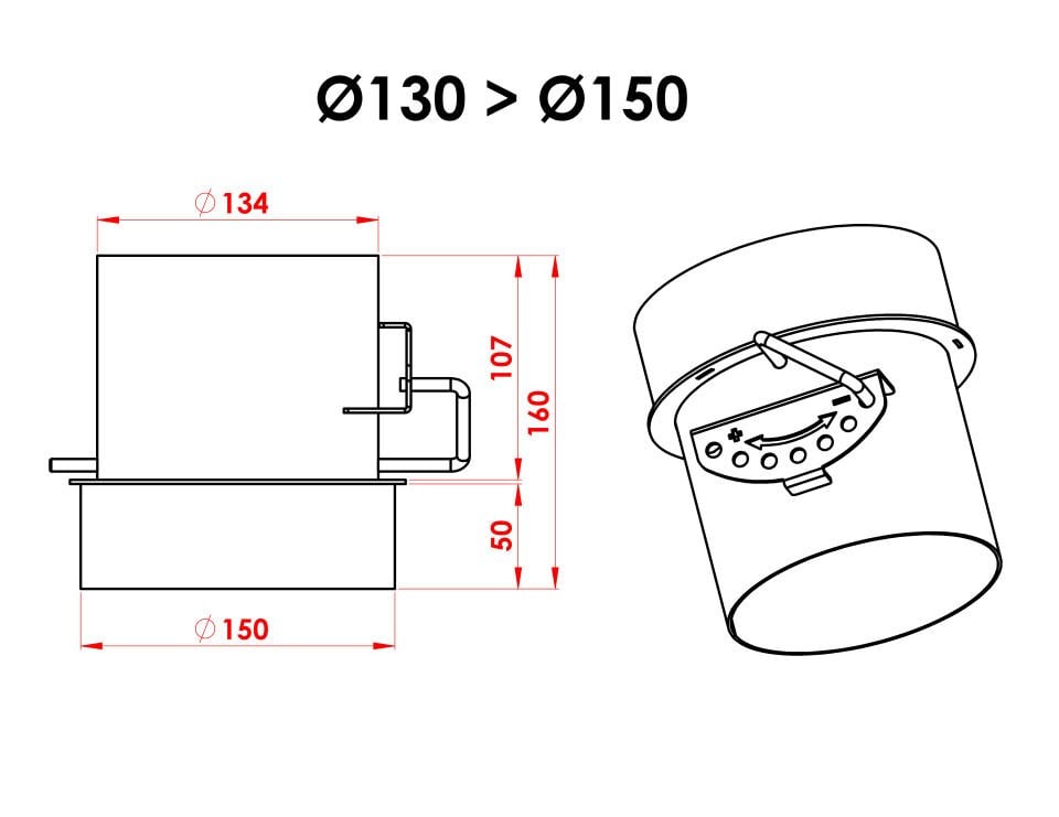 AYARLANABİLİR KLAPELİ BACA REDÜKSİYON / BOY:16 CM, ÇAP: 13>15 CM / MAT SİYAH BOYALI / BABA'S STOVE