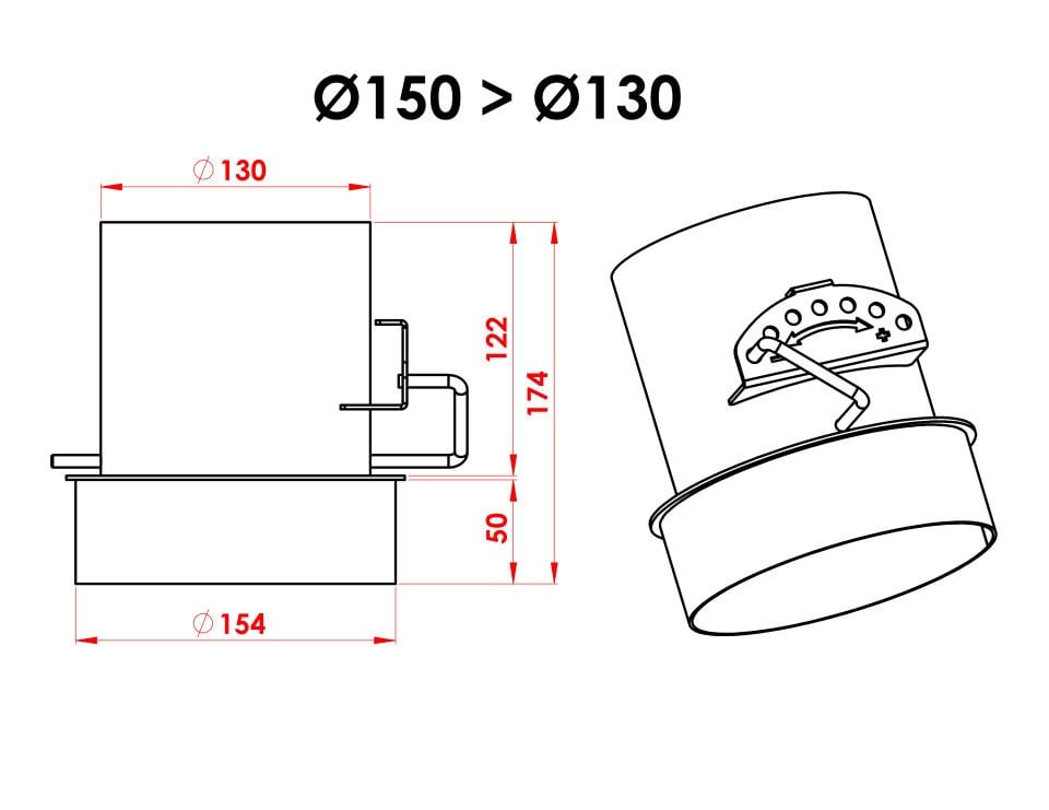 AYARLANABİLİR KLAPELİ BACA REDÜKSİYON / BOY:17.5 CM, ÇAP: 15>13 CM / MAT SİYAH BOYALI / BABA'S STOVE