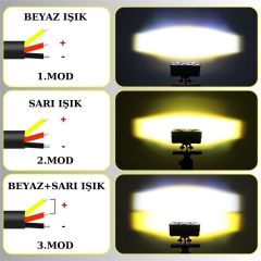 Motosiklet Scooter Sis Farı 3 Mod Beyaz Sarı Metal Kasa 12V/24V Led Işık - 1 Adet