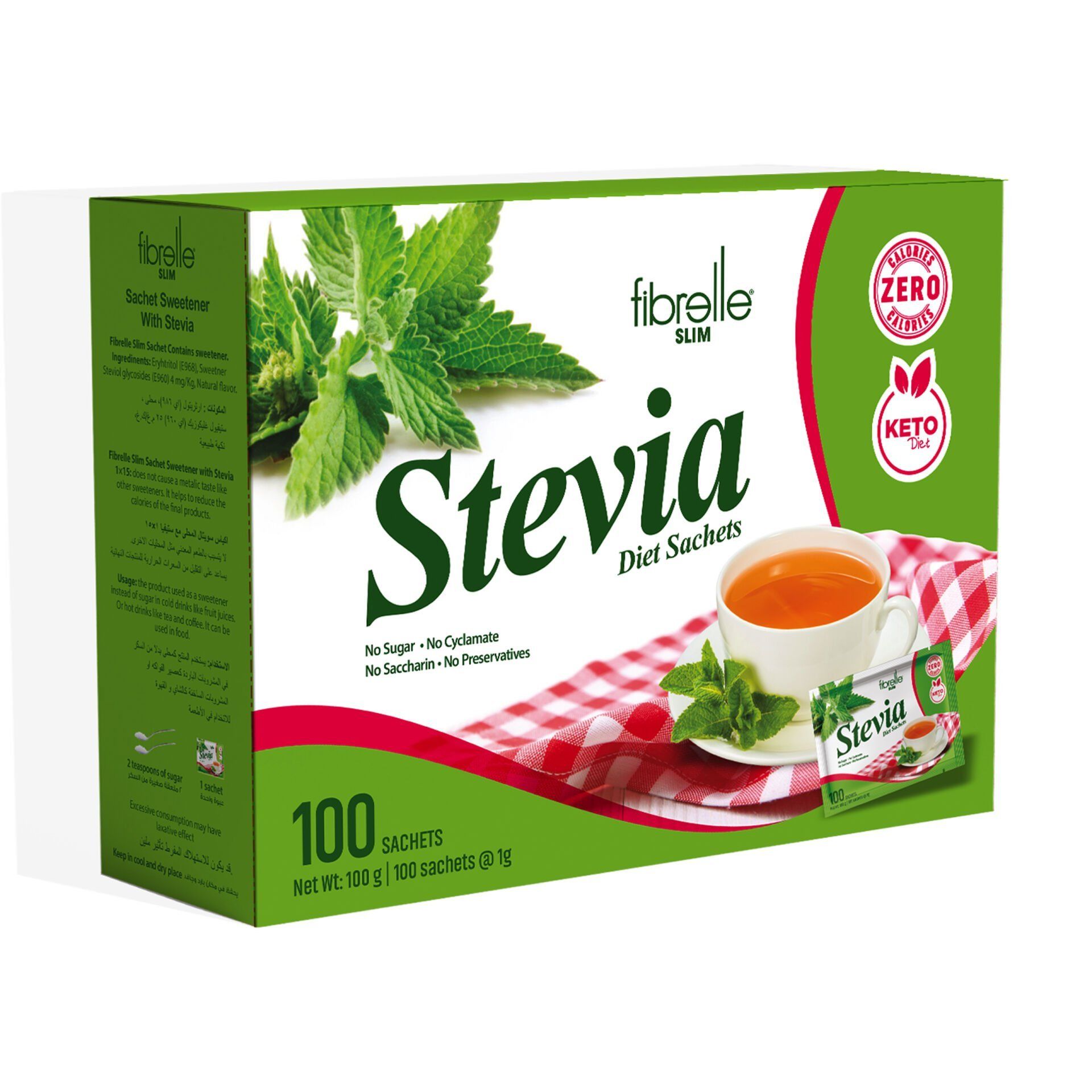 Fibrelle Slim Sachet Sweetener with Stevia ( 100 Sachet/Box ) 1 g = 15 g