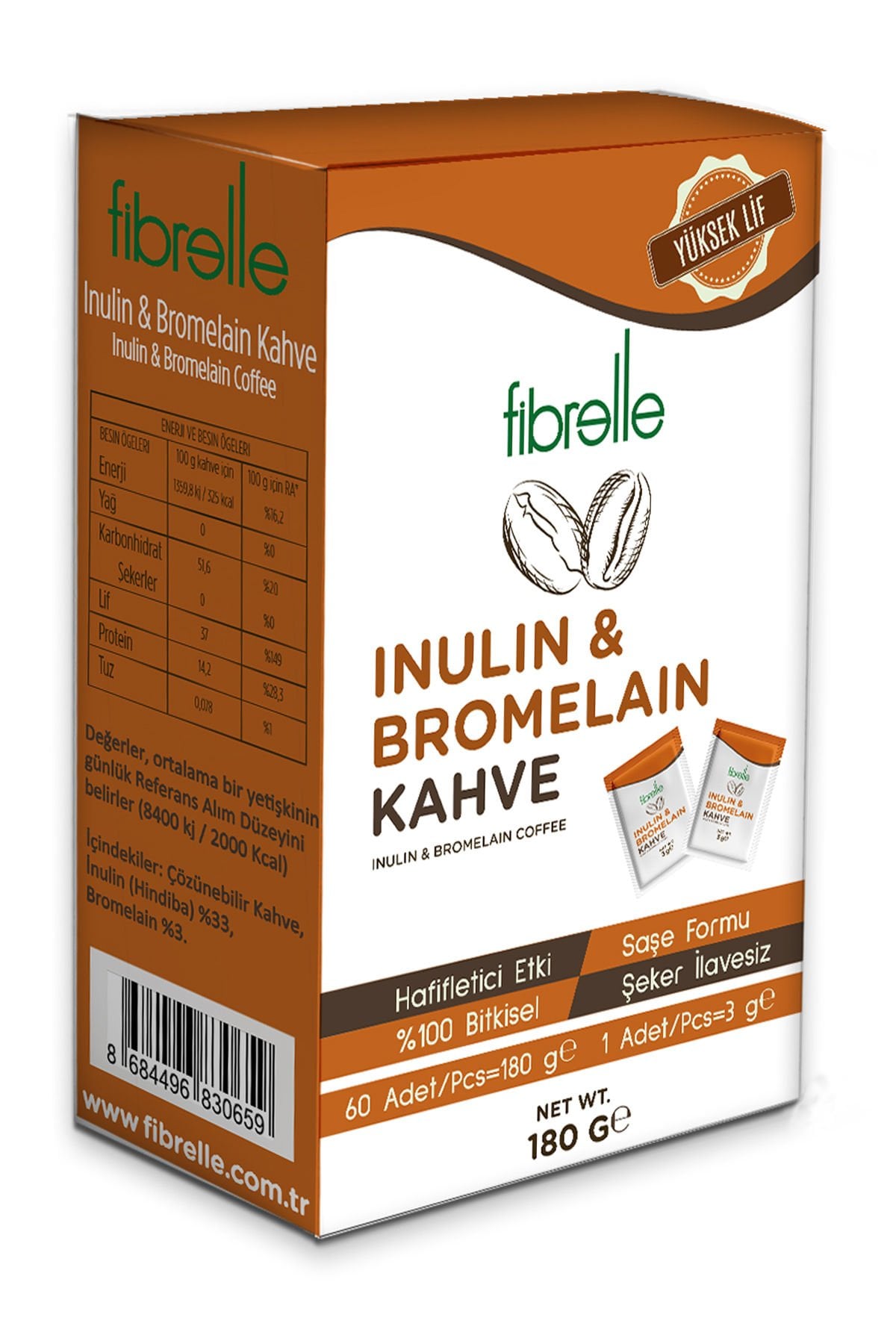 Fibrelle İnülin-Bromelain Kahve Detox 60 Adet 3gr Saşe 180g Doypak Ambalaj