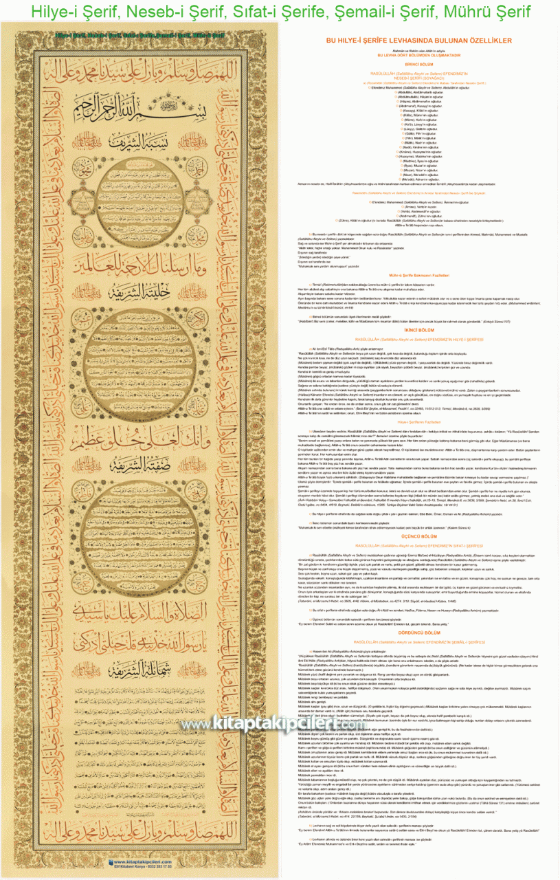 Hilye-i Şerif, Neseb-i Şerif, Sıfat-i Şerife, Şemail-i Şerif, Mührü Şerif, Ön Yüzü Arapça Arka Yüzü Türkçe, KAĞIT LEVHA 1000X33 cm