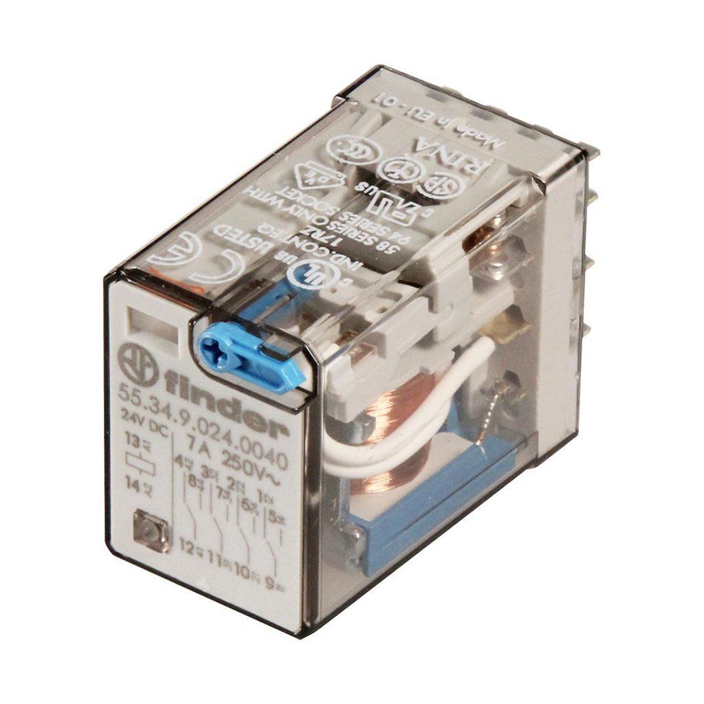 Finder 4Co 7A 24Vdc Minyatür Genel Amaçlı Röle Soket Montaj Agni Kilitlenebilir Test Buton + Hata Göstergesi F.55.34.9.024.0040