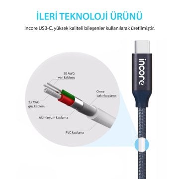 INCORE inLine USB-C Type-C 1 Metre Gümüş Örgülü Hızlı Şarj Kablo