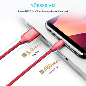 INCORE inLine USB-C Type-C 2 Metre Gümüş Örgülü Hızlı Şarj Kablo