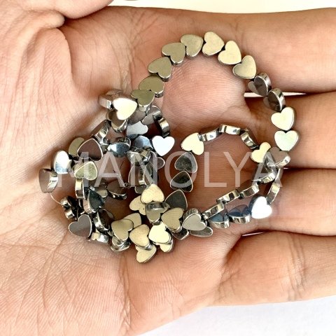 6mm. GÜMÜŞ KALP HEMATİT DİZİ