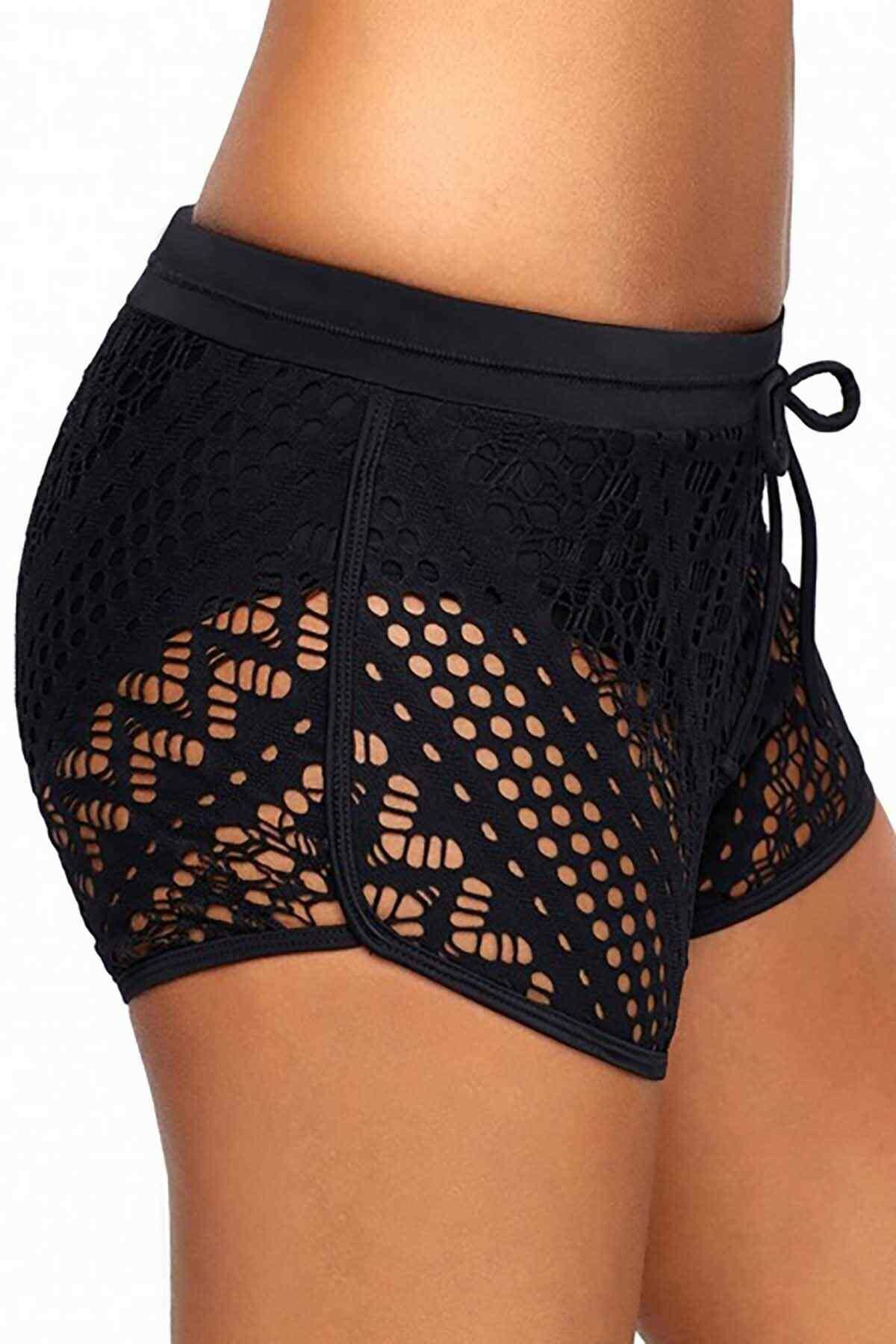 Dantel Deniz Şortu Birleşik Bikini Alt Siyah ABM9053