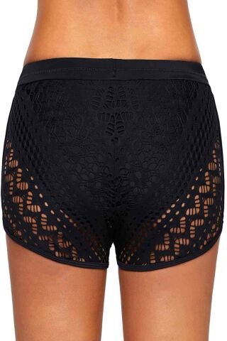 Dantel Deniz Şortu Birleşik Bikini Alt Siyah ABM9053