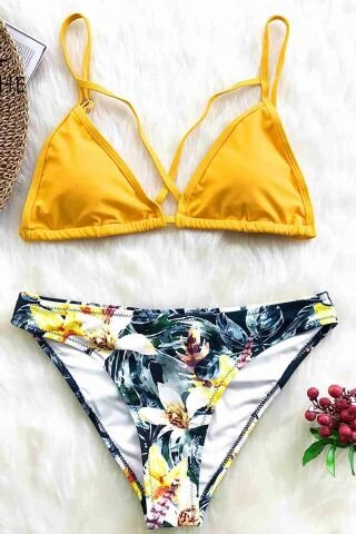 Baskılı Sarı Bikini Üstü Sarı ABM9074