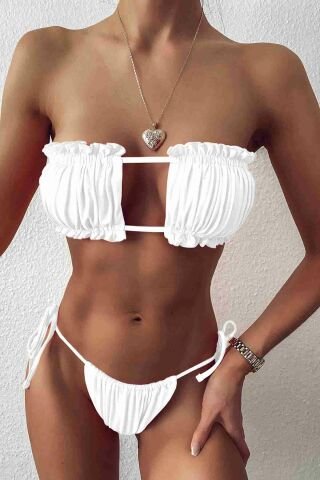 Brezilya Model Büzgülü Bağlamalı Bikini üstü Beyaz ABM9080