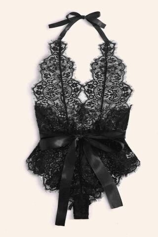 Belden Kuşaklı Babydoll Gecelik Body Siyah ABM9151