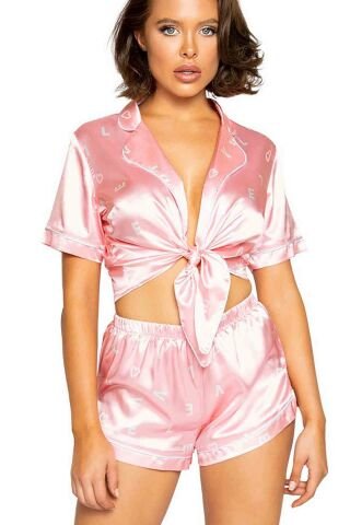 Saten Şortlu Pijama Takım Pembe ABM9164