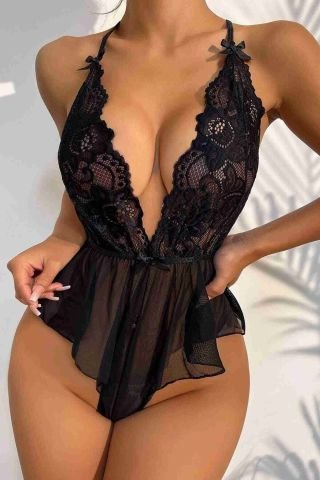 Dantelli Gecelik Babydoll Bodysuit Siyah ABM9197