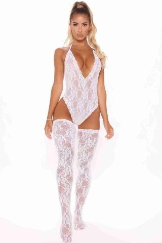 Dantel Çoraplı Fantezi iç giyim Bodysuit Beyaz ABM9217