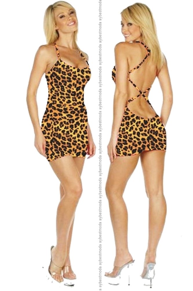 Sırtı Açık Leopar Desenli Mini Elbise ABM2221