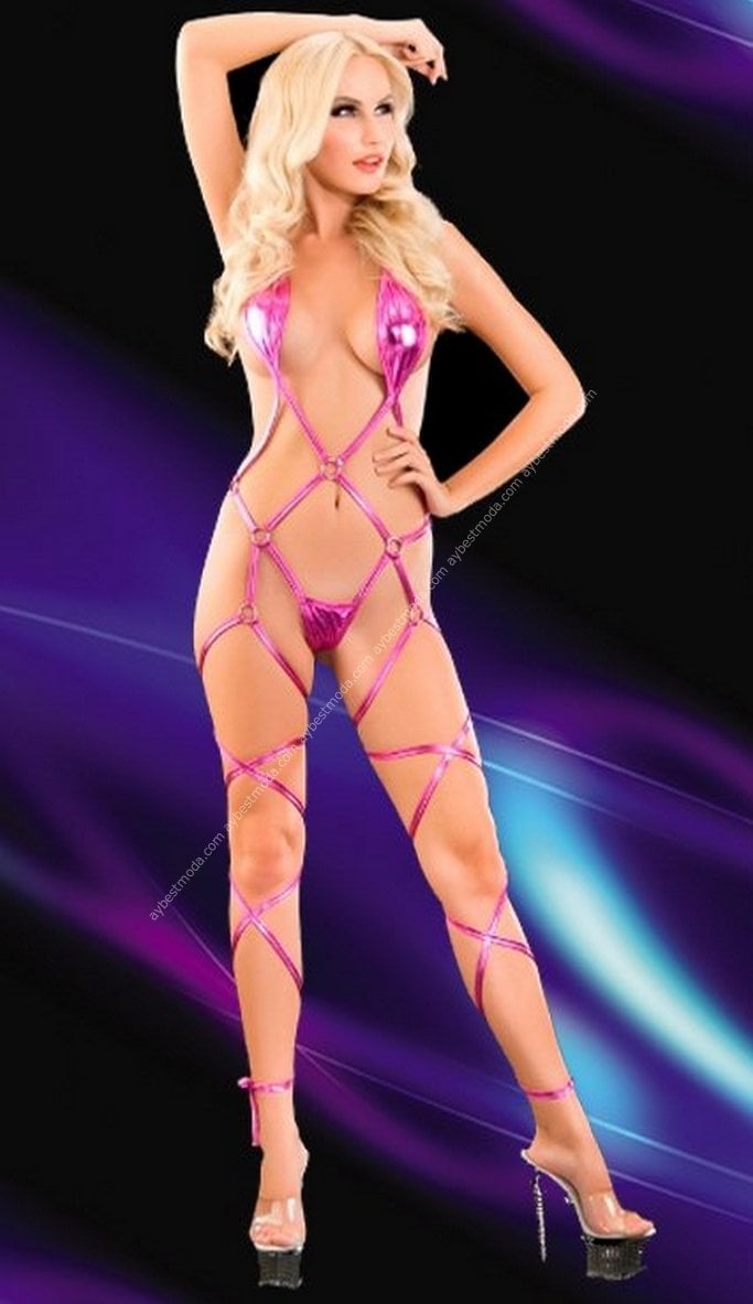 Erotik Body Parlak Pembe Metal Halkalı ABM3277