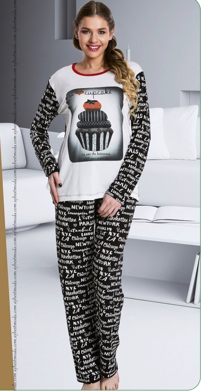 Yazılı Uzun Pijama Takımı ABM6354
