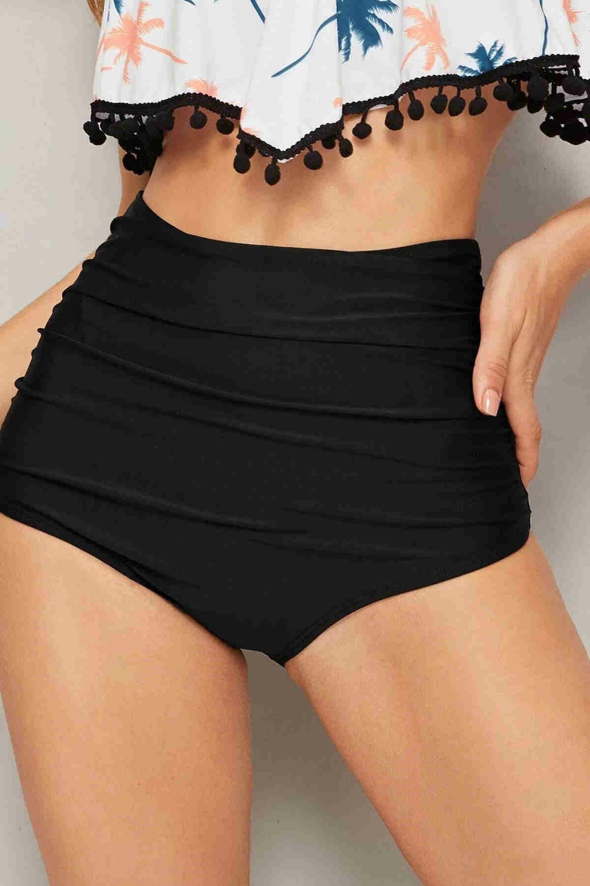 Önden Büzgülü Yüksek Bel Bikini Altı Siyah ABM9357