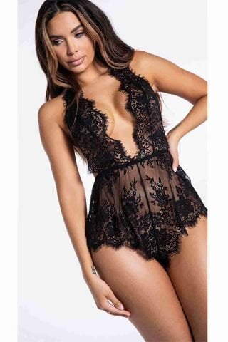 Şık Dantelli Gecelik Babydoll Bodysuit Tulum Siyah ABM9430
