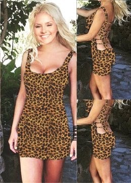 Simetrik Dekolteli Leopar Mini Elbise ABM5532