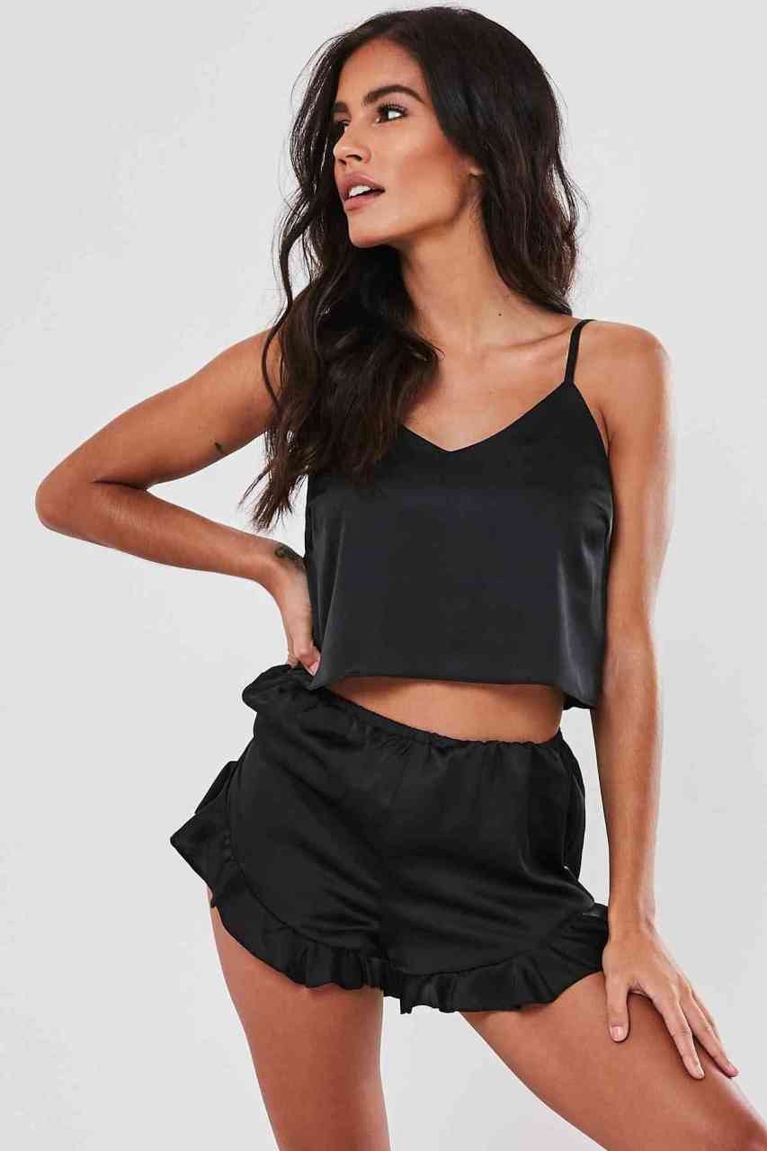 Siyah Saten Şortlu Pijama Takımı ABM7557