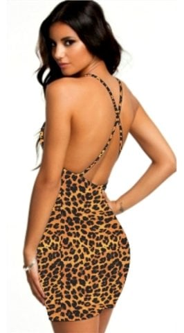 Leopar Sırt Dekolteli Mini Elbise AMB3628