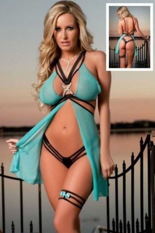 Turkuaz Kısa Babydoll - Transparan Gecelik ABM4707