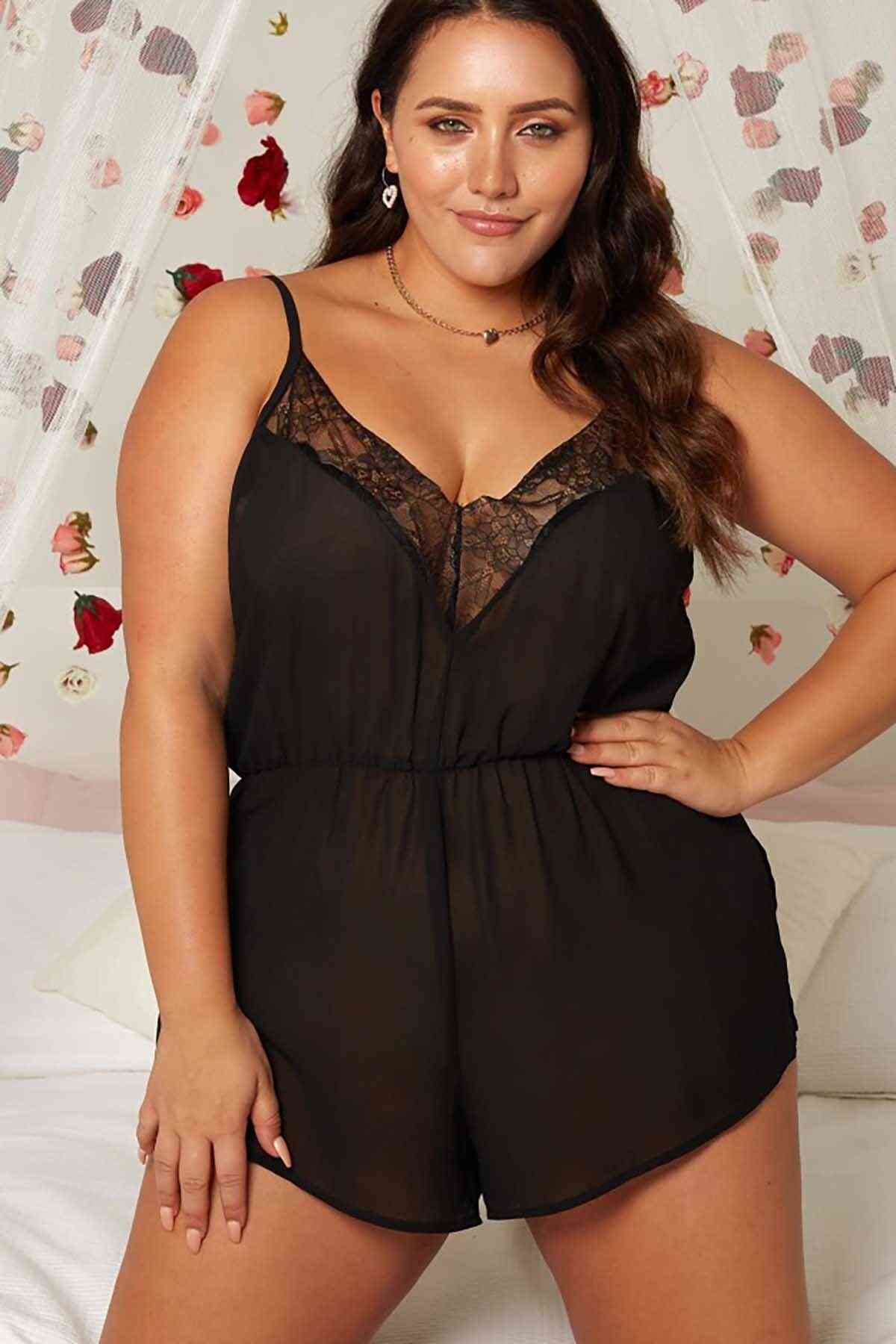 Büyük Beden Dantelli Şifon Tulum Babydoll ABM8143