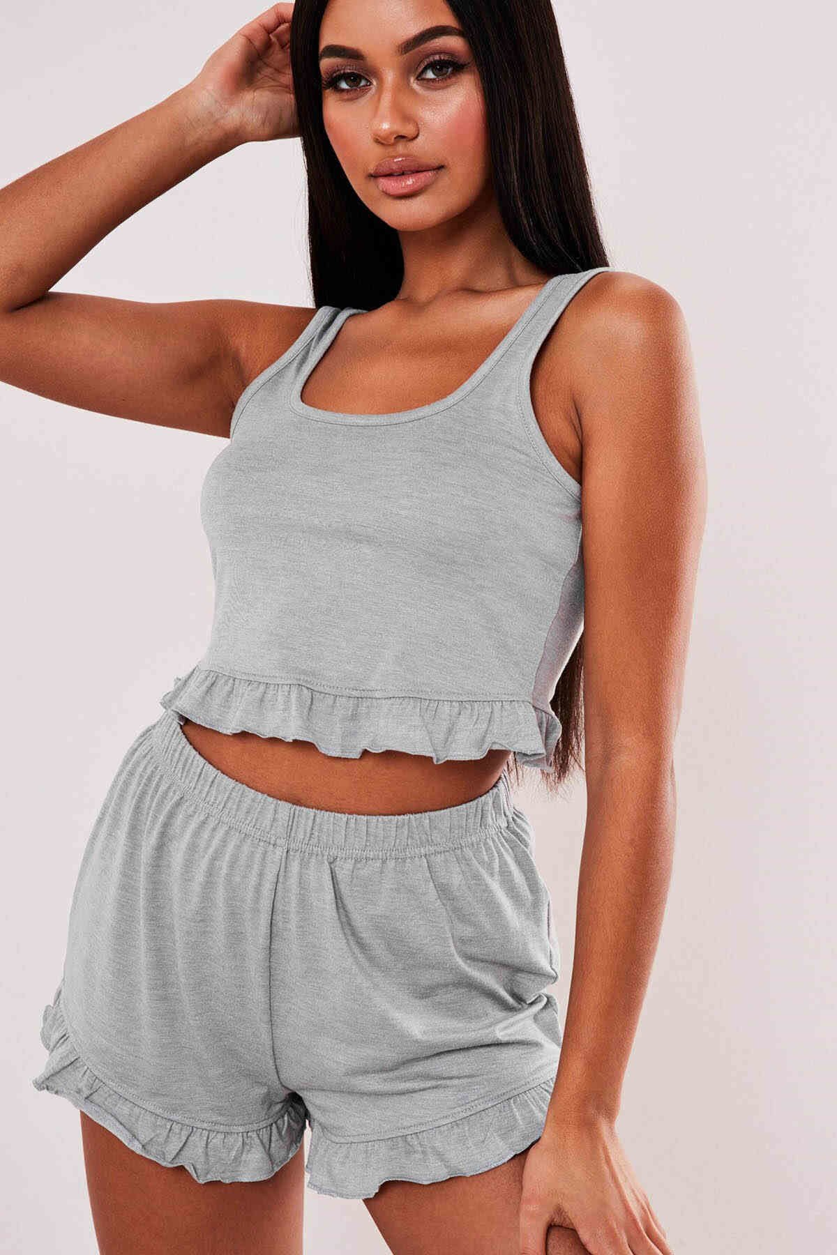 Penye Şortlu Alt Üst Pijama Takım Gri ABM8777