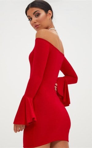 Kırmızı İspanyol Kol Mini Elbise ABM7925