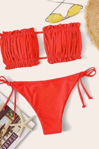 Brezilya Büzgülü Bağlamalı Bikini Takım Kırmızı ABM8939