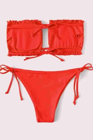 Brezilya Büzgülü Bağlamalı Bikini Takım Kırmızı ABM8939